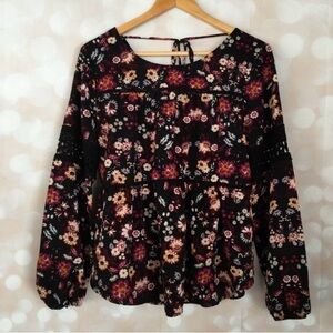 Artesia Black Floral Peasant Blouse with Crochet Accents L